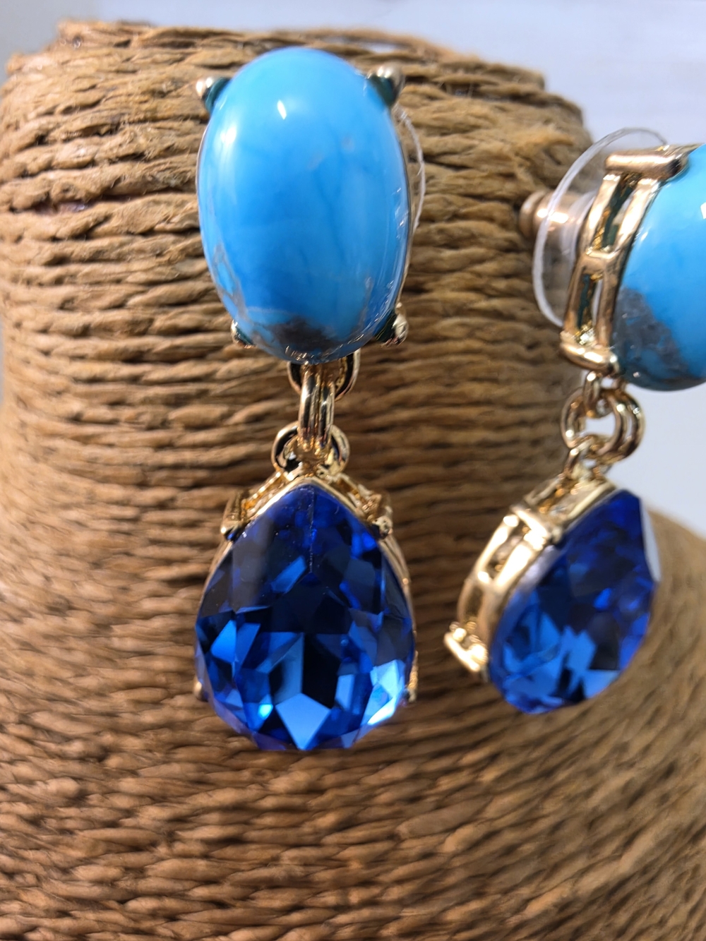 Gold-Drop Blue & Turquoise Teardrop Earrings 23 - Picture 2 of 3